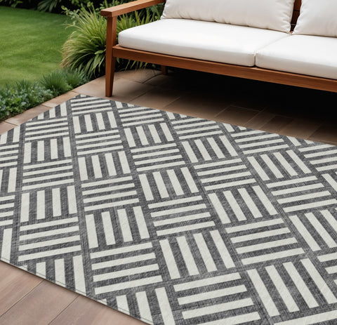 3' X 5' Black And Ivory Geometric Washable Indoor Outdoor Area Rug