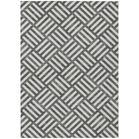 5' X 8' Black And Ivory Geometric Washable Indoor Outdoor Area Rug