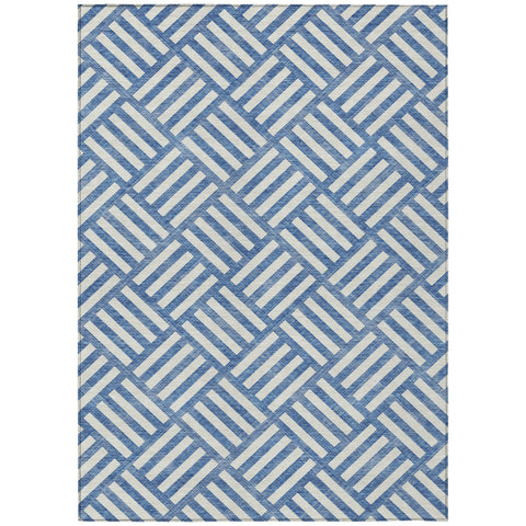 3' X 5' Blue And Ivory Geometric Washable Indoor Outdoor Area Rug