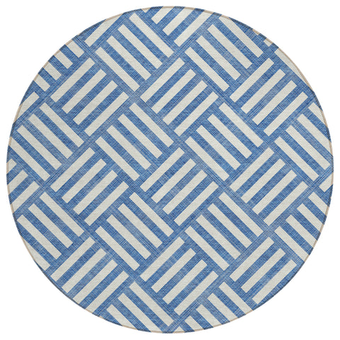 8' Blue And Ivory Round Geometric Washable Indoor Outdoor Area Rug
