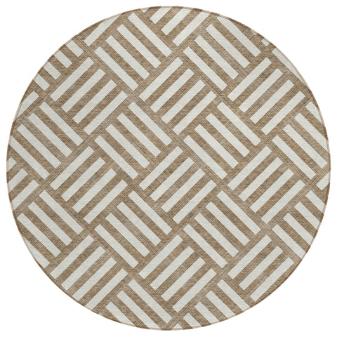 8' Brown And Ivory Round Geometric Washable Indoor Outdoor Area Rug