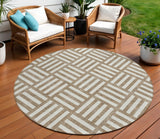 8' Brown And Ivory Round Geometric Washable Indoor Outdoor Area Rug