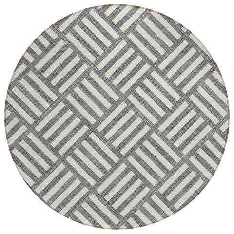 8' Charcoal And Ivory Round Geometric Washable Indoor Outdoor Area Rug