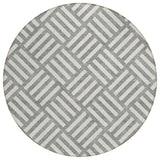 8' Gray And Ivory Round Geometric Washable Indoor Outdoor Area Rug