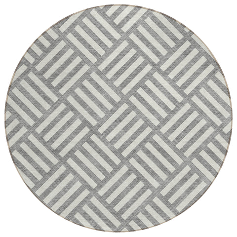 8' Gray And Ivory Round Geometric Washable Indoor Outdoor Area Rug