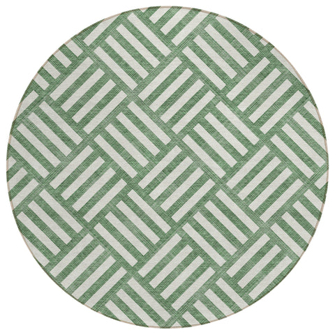 8' Green And Ivory Round Geometric Washable Indoor Outdoor Area Rug