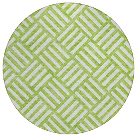 8' Lime Green And Ivory Round Geometric Washable Indoor Outdoor Area Rug