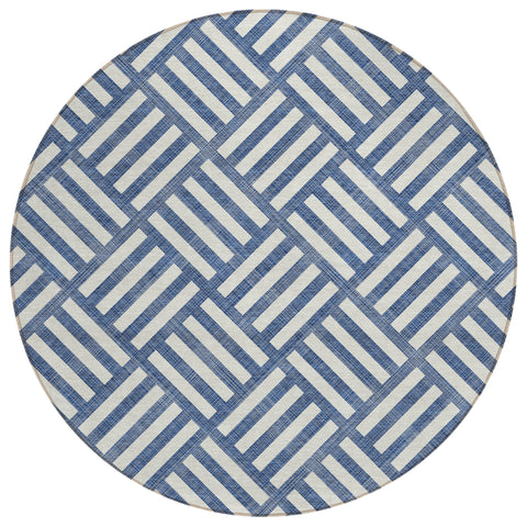 8' Navy Blue And Ivory Round Geometric Washable Indoor Outdoor Area Rug