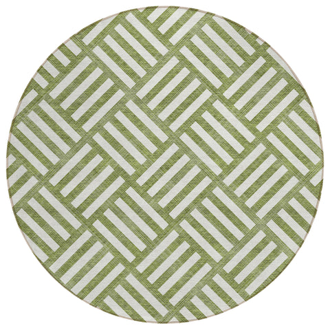 8' Olive Green And Ivory Round Geometric Washable Indoor Outdoor Area Rug