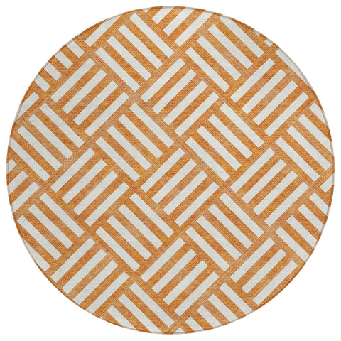 8' Orange And Ivory Round Geometric Washable Indoor Outdoor Area Rug