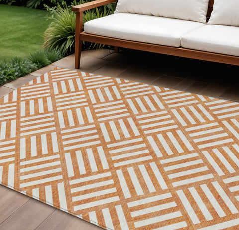 8' X 10' Orange And Ivory Geometric Washable Indoor Outdoor Area Rug