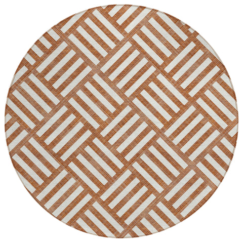 8' Orange And Ivory Round Geometric Washable Indoor Outdoor Area Rug