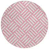 8' Pink And Ivory Round Geometric Washable Indoor Outdoor Area Rug