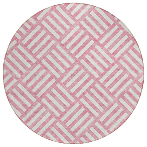 8' Pink And Ivory Round Geometric Washable Indoor Outdoor Area Rug