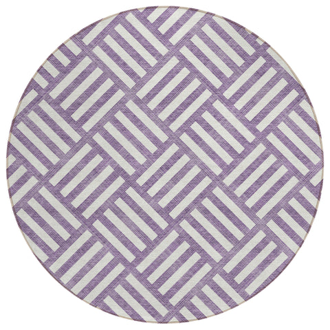 8' Purple And Ivory Round Geometric Washable Indoor Outdoor Area Rug