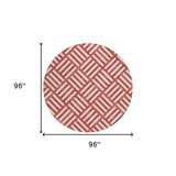 8' Red And Ivory Round Geometric Washable Indoor Outdoor Area Rug