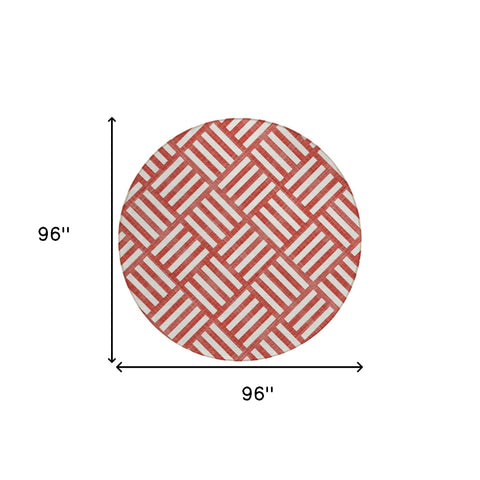8' Red And Ivory Round Geometric Washable Indoor Outdoor Area Rug
