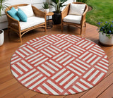 8' Red And Ivory Round Geometric Washable Indoor Outdoor Area Rug