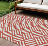 8' X 10' Red And Ivory Geometric Washable Indoor Outdoor Area Rug
