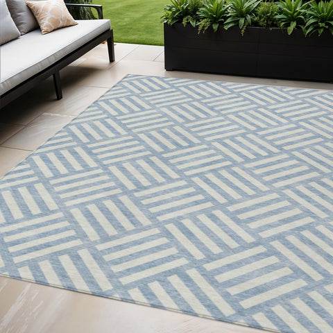 5' X 8' Sky Blue And Ivory Geometric Washable Indoor Outdoor Area Rug