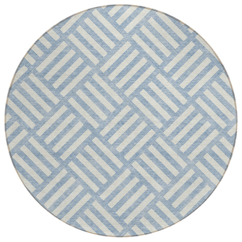 8' Sky Blue And Ivory Round Geometric Washable Indoor Outdoor Area Rug