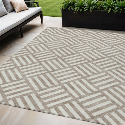 5' X 8' Taupe And Ivory Geometric Washable Indoor Outdoor Area Rug