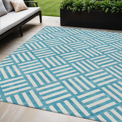 5' X 8' Teal Blue And Ivory Geometric Washable Indoor Outdoor Area Rug