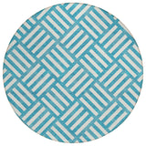 8' Teal Blue And Ivory Round Geometric Washable Indoor Outdoor Area Rug