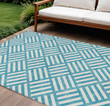 8' X 10' Teal Blue And Ivory Geometric Washable Indoor Outdoor Area Rug