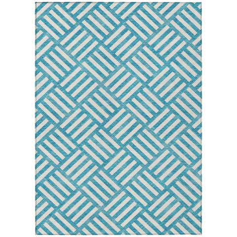 8' X 10' Teal Blue And Ivory Geometric Washable Indoor Outdoor Area Rug