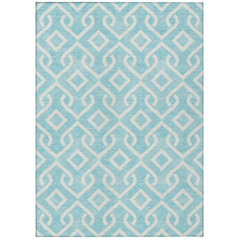 5' X 8' Aqua And Ivory Geometric Washable Indoor Outdoor Area Rug