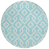 8' Aqua And Ivory Round Geometric Washable Indoor Outdoor Area Rug