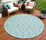 8' Aqua And Ivory Round Geometric Washable Indoor Outdoor Area Rug