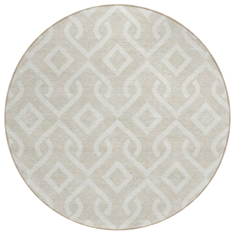 8' Beige And Ivory Round Geometric Washable Indoor Outdoor Area Rug