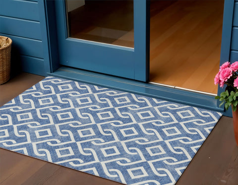 3' X 5' Blue And Ivory Geometric Washable Indoor Outdoor Area Rug