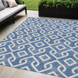 5' X 8' Blue And Ivory Geometric Washable Indoor Outdoor Area Rug