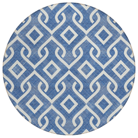 8' Blue And Ivory Round Geometric Washable Indoor Outdoor Area Rug