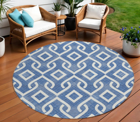 8' Blue And Ivory Round Geometric Washable Indoor Outdoor Area Rug