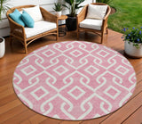 8' Blush And Ivory Round Geometric Washable Indoor Outdoor Area Rug