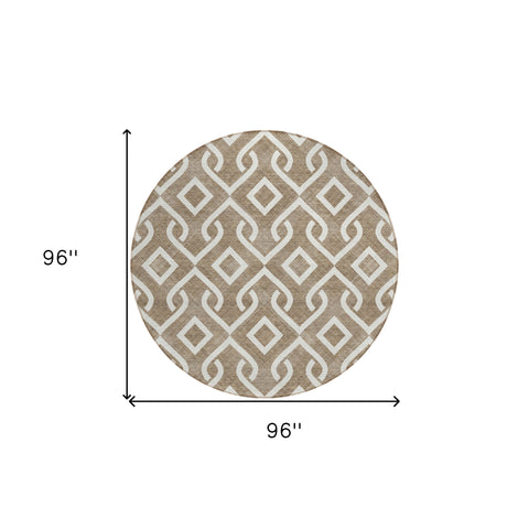 8' Brown And Ivory Round Geometric Washable Indoor Outdoor Area Rug