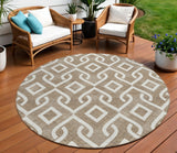 8' Brown And Ivory Round Geometric Washable Indoor Outdoor Area Rug