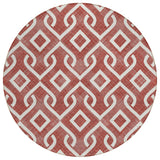 8' Burgundy And Ivory Round Geometric Washable Indoor Outdoor Area Rug