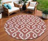 8' Burgundy And Ivory Round Geometric Washable Indoor Outdoor Area Rug