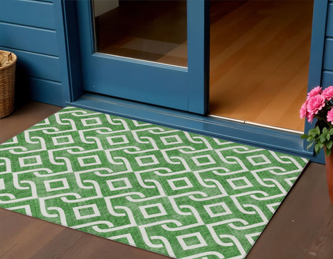 3' X 5' Emerald And Ivory Geometric Washable Indoor Outdoor Area Rug