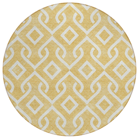 8' Gold And Ivory Round Geometric Washable Indoor Outdoor Area Rug