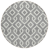 8' Gray And Ivory Round Geometric Washable Indoor Outdoor Area Rug