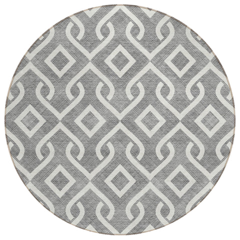 8' Gray And Ivory Round Geometric Washable Indoor Outdoor Area Rug
