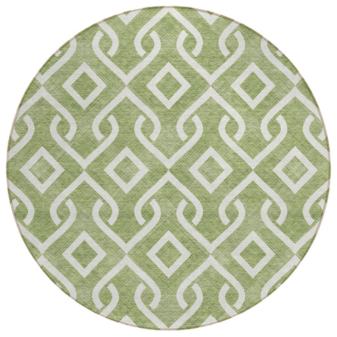 8' Green And Ivory Round Geometric Washable Indoor Outdoor Area Rug