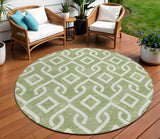 8' Green And Ivory Round Geometric Washable Indoor Outdoor Area Rug