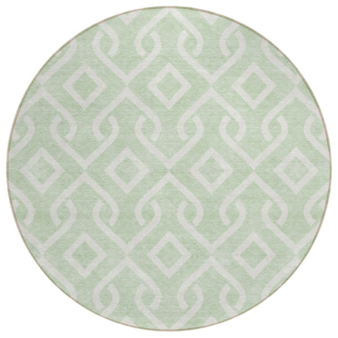 8' Mint Green And Ivory Round Geometric Washable Indoor Outdoor Area Rug